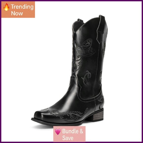 Women's Square Toe Cowboy Boots Pull On Low Chunky Heel Mid Calf Western